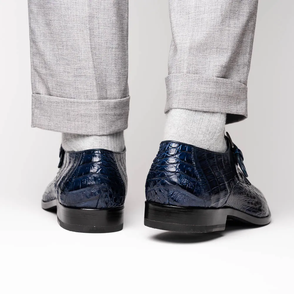 Marco Di Milano Rovigo in Navy Caiman Crocodile Monk Strap Dress Shoes
