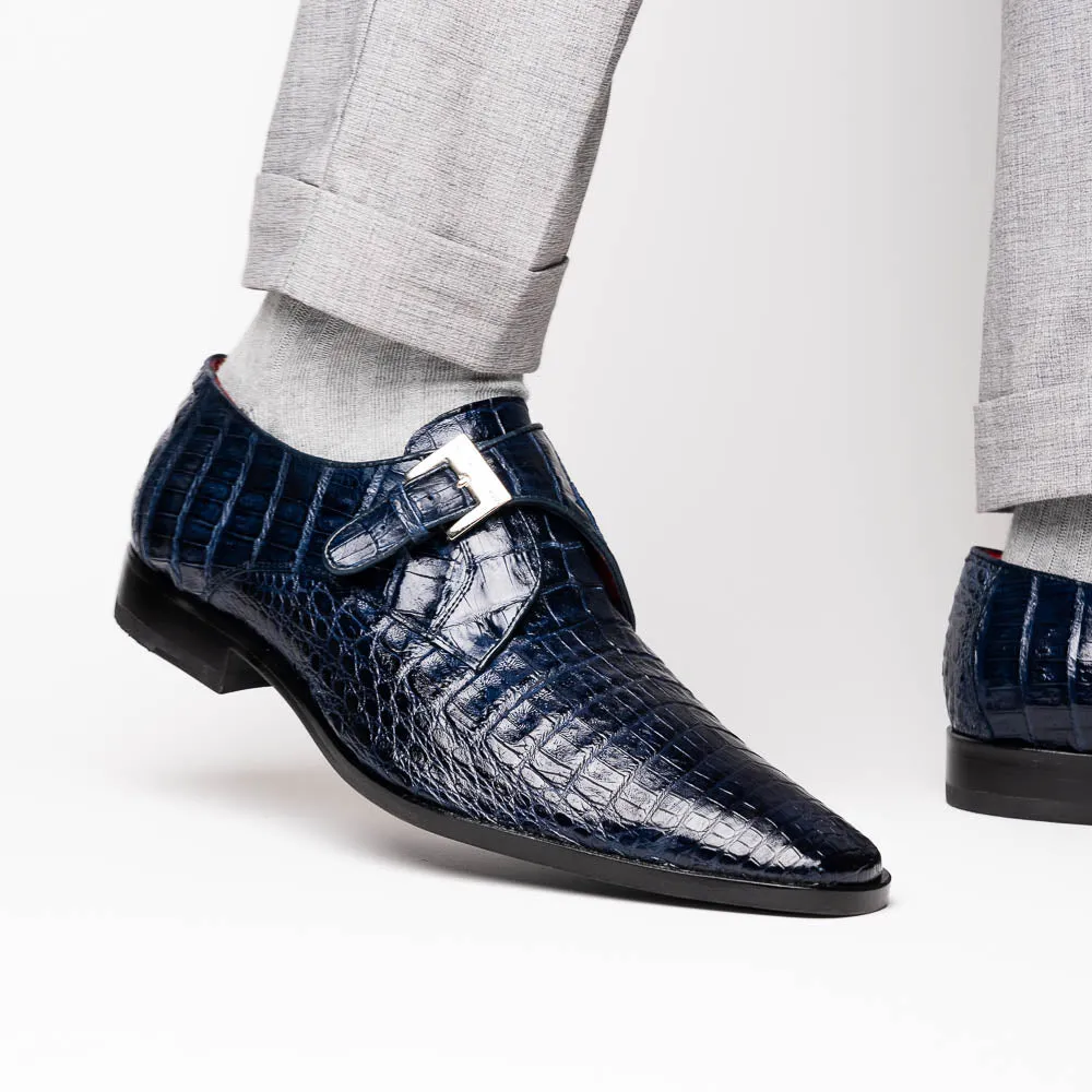 Marco Di Milano Rovigo in Navy Caiman Crocodile Monk Strap Dress Shoes