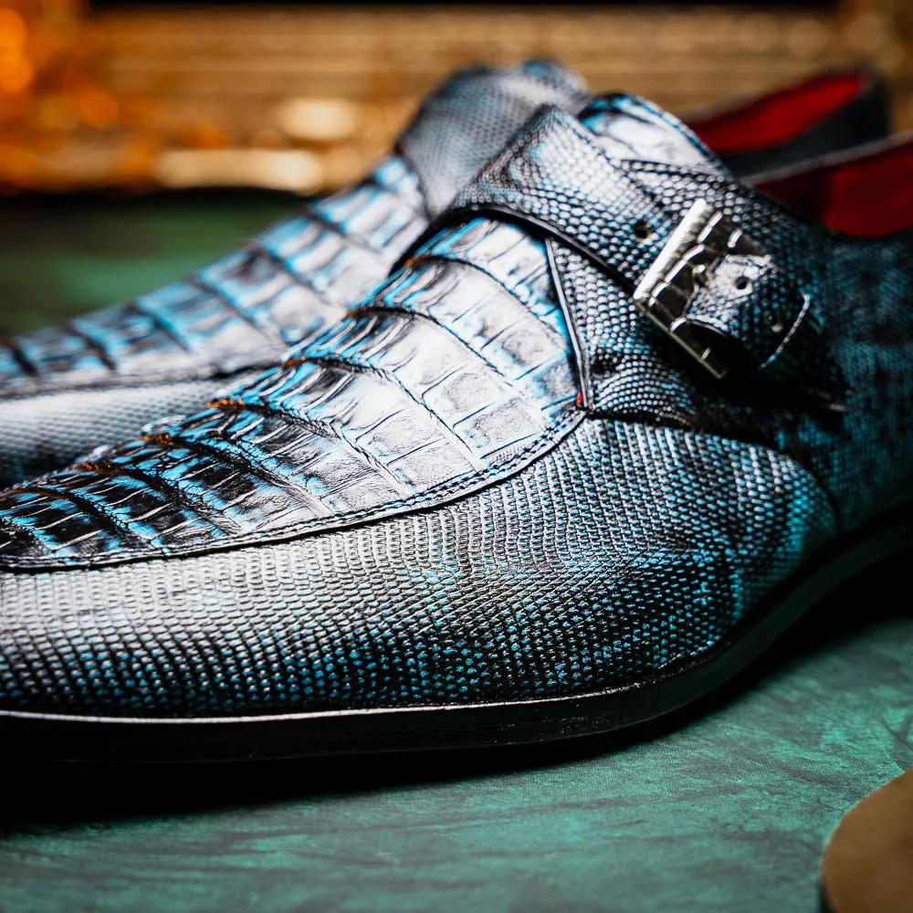 Marco Di Milano Toluca in Blue / Black Crocodile & Lizard Monk Strap Dress Shoes