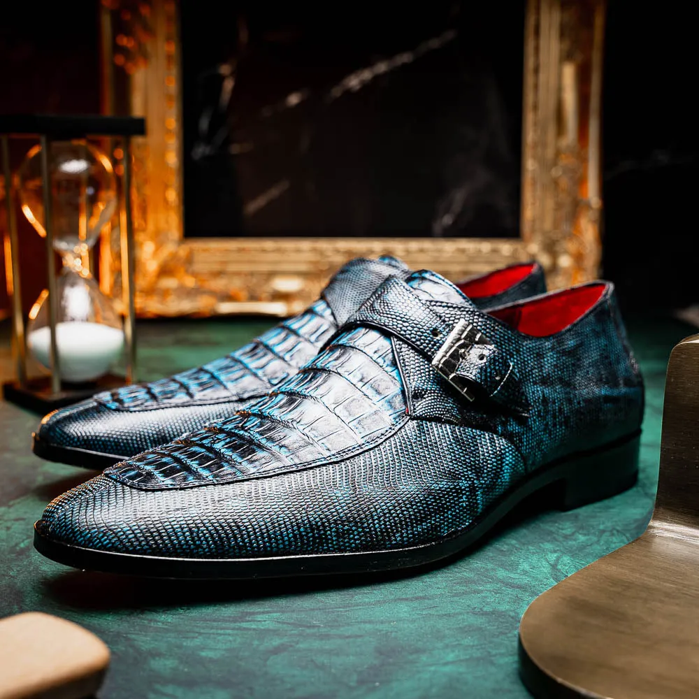 Marco Di Milano Toluca in Blue / Black Crocodile & Lizard Monk Strap Dress Shoes