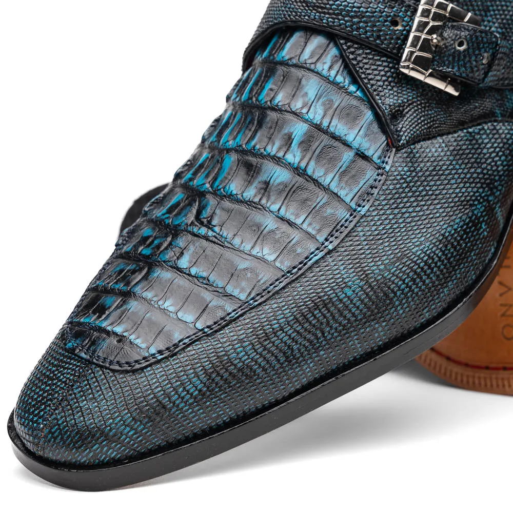 Marco Di Milano Toluca in Blue / Black Crocodile & Lizard Monk Strap Dress Shoes