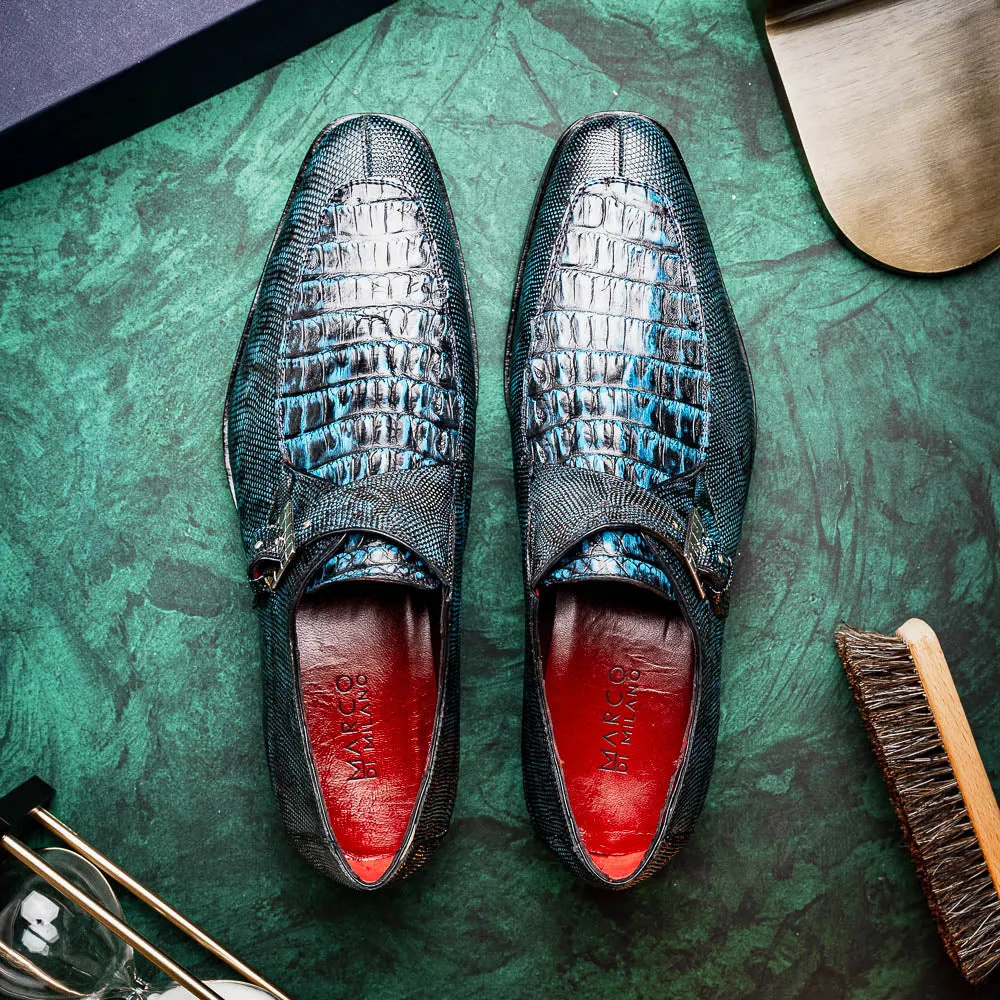 Marco Di Milano Toluca in Blue / Black Crocodile & Lizard Monk Strap Dress Shoes