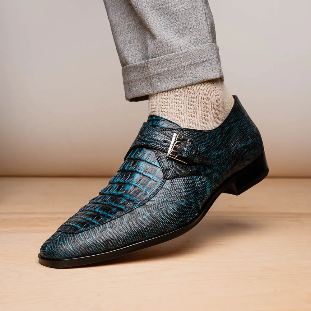 Marco Di Milano Toluca in Blue / Black Crocodile & Lizard Monk Strap Dress Shoes