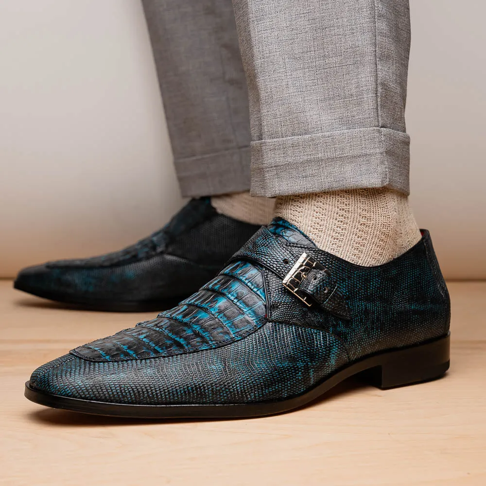Marco Di Milano Toluca in Blue / Black Crocodile & Lizard Monk Strap Dress Shoes