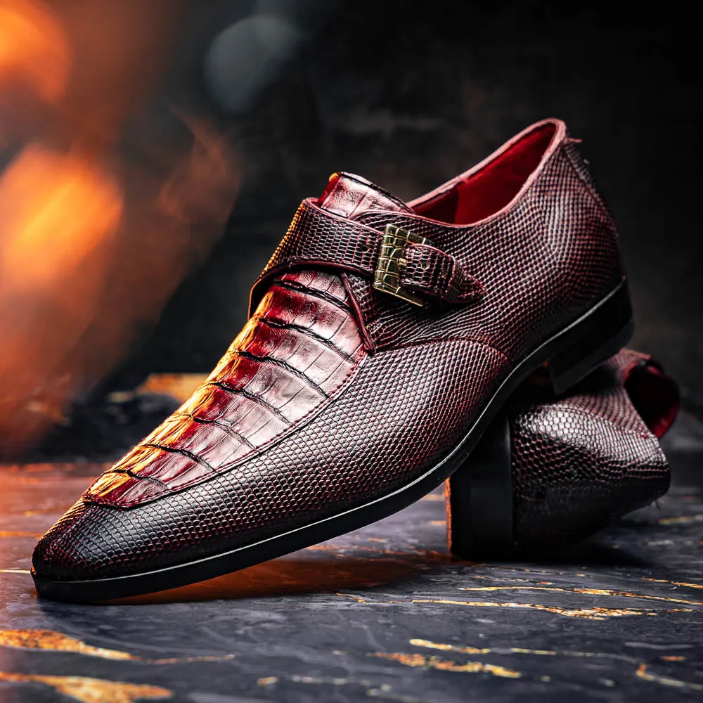 Marco Di Milano Toluca in Wine Crocodile & Lizard Monk Strap Dress Shoes