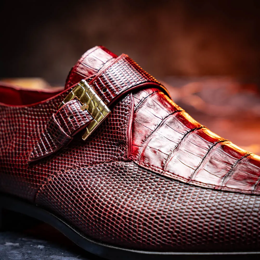 Marco Di Milano Toluca in Wine Crocodile & Lizard Monk Strap Dress Shoes