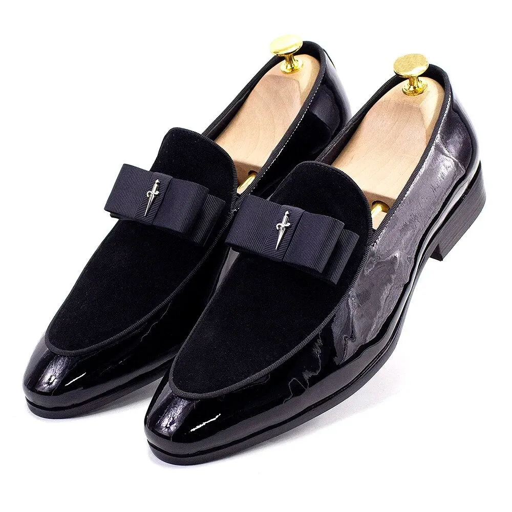 Men's Loafer Shoes Genuine Patent Leather Suede Patchwork with Bow Tie