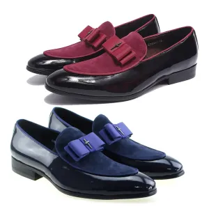 Men's Loafer Shoes Genuine Patent Leather Suede Patchwork with Bow Tie