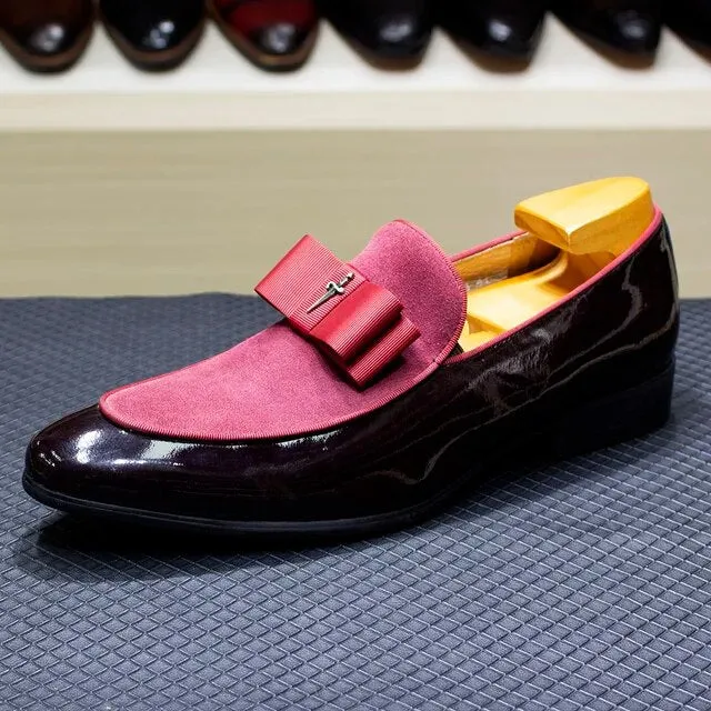Men's Loafer Shoes Genuine Patent Leather Suede Patchwork with Bow Tie
