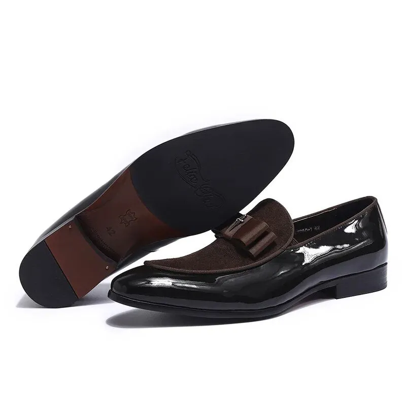 Men's Loafer Shoes Genuine Patent Leather Suede Patchwork with Bow Tie