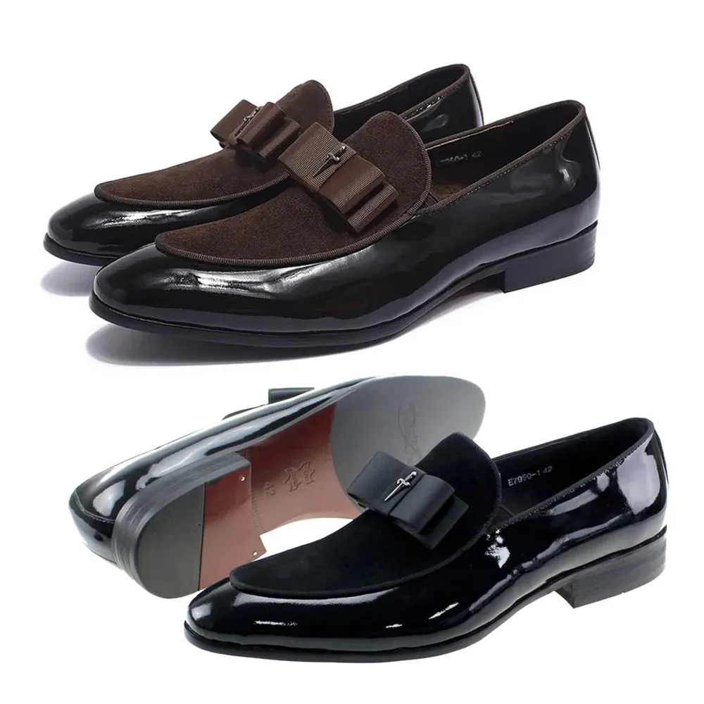 Men's Loafer Shoes Genuine Patent Leather Suede Patchwork with Bow Tie
