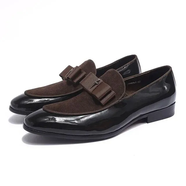 Men's Loafer Shoes Genuine Patent Leather Suede Patchwork with Bow Tie
