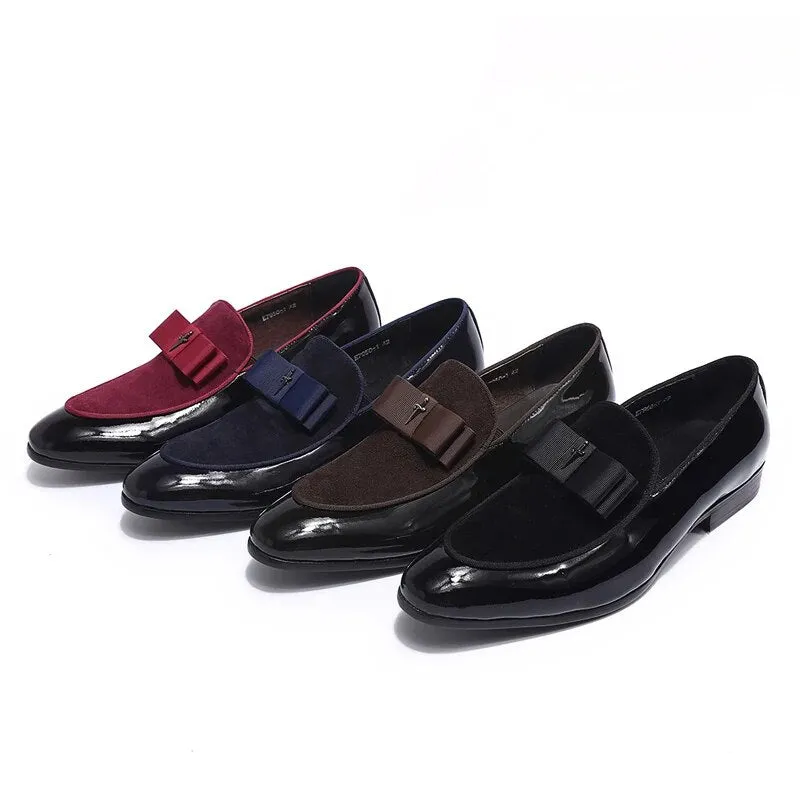 Men's Loafer Shoes Genuine Patent Leather Suede Patchwork with Bow Tie