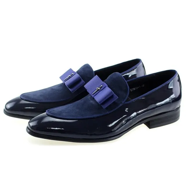 Men's Loafer Shoes Genuine Patent Leather Suede Patchwork with Bow Tie