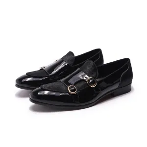 Men's Shoes Men's Loafer Gentleman Banquet Party Wedding Shoes Patent Leather Horse Fur High-End Double Buckle Monk Shoe