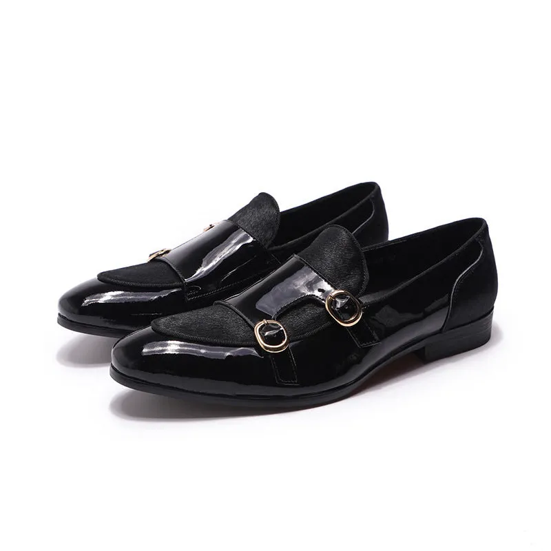 Men's Shoes Men's Loafer Gentleman Banquet Party Wedding Shoes Patent Leather Horse Fur High-End Double Buckle Monk Shoe