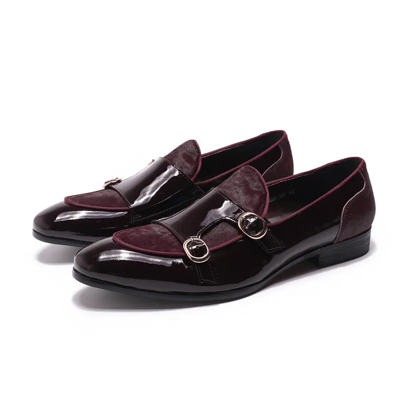 Men's Shoes Men's Loafer Gentleman Banquet Party Wedding Shoes Patent Leather Horse Fur High-End Double Buckle Monk Shoe
