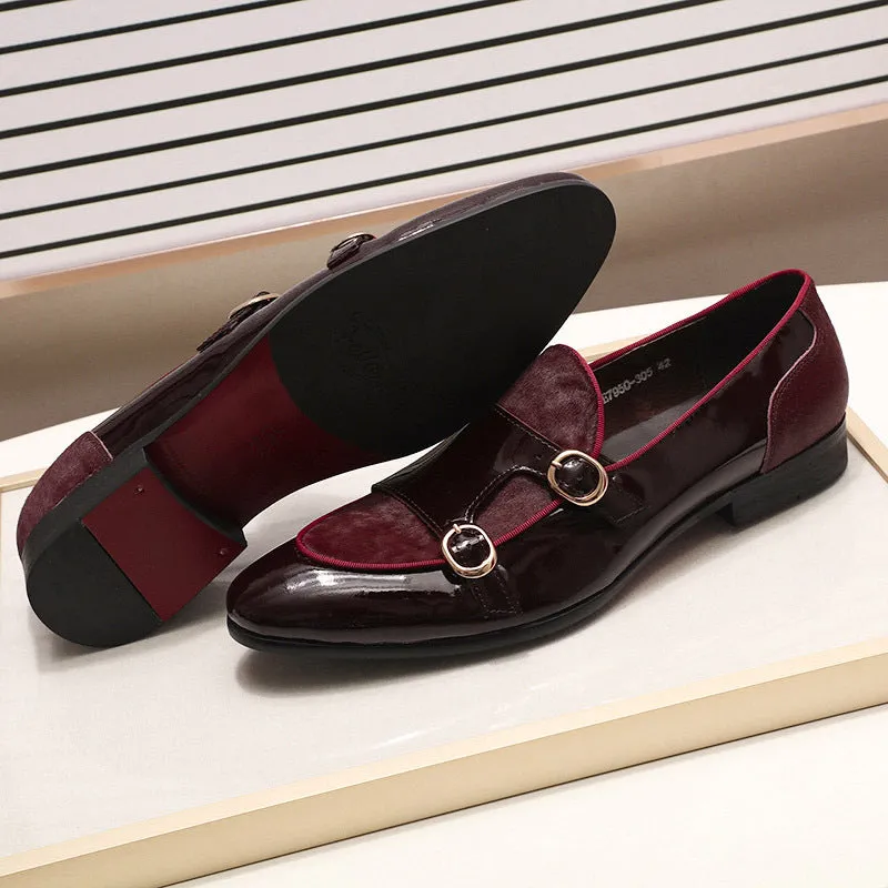 Men's Shoes Men's Loafer Gentleman Banquet Party Wedding Shoes Patent Leather Horse Fur High-End Double Buckle Monk Shoe