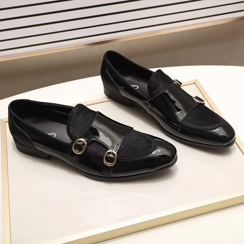 Men's Shoes Men's Loafer Gentleman Banquet Party Wedding Shoes Patent Leather Horse Fur High-End Double Buckle Monk Shoe