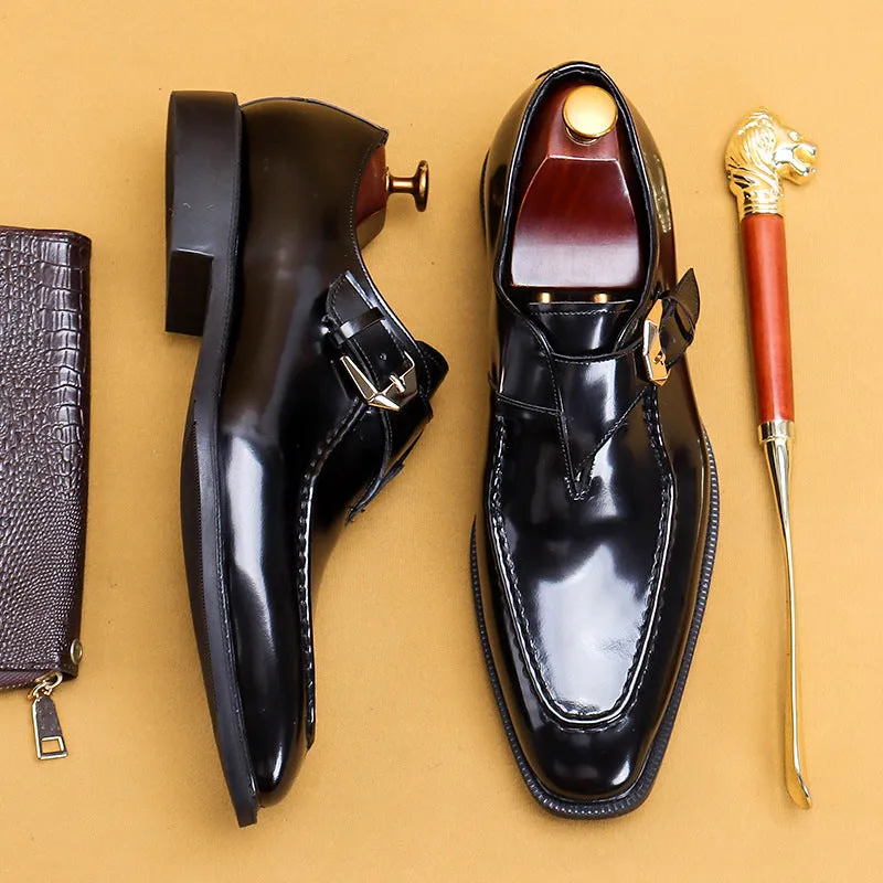 Men's Shoes Square Toe Formal Wear Business British Style Buckle Monk Shoes Men's Leather Patent Leather Glossy Slip-on Casual Shoes68152