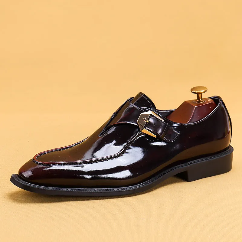 Men's Shoes Square Toe Formal Wear Business British Style Buckle Monk Shoes Men's Leather Patent Leather Glossy Slip-on Casual Shoes68152