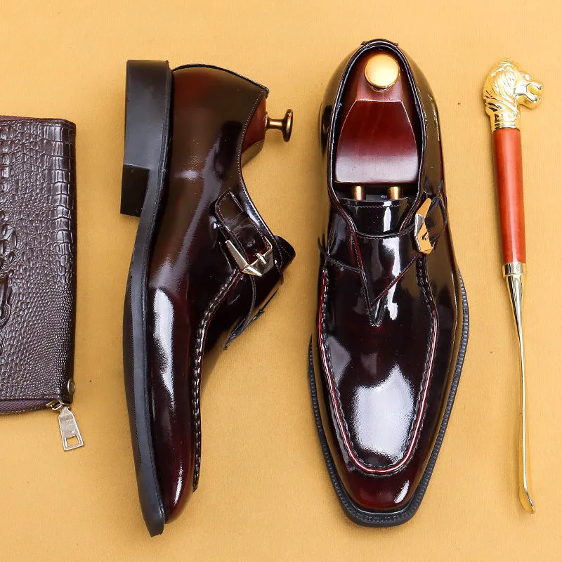 Men's Shoes Square Toe Formal Wear Business British Style Buckle Monk Shoes Men's Leather Patent Leather Glossy Slip-on Casual Shoes68152