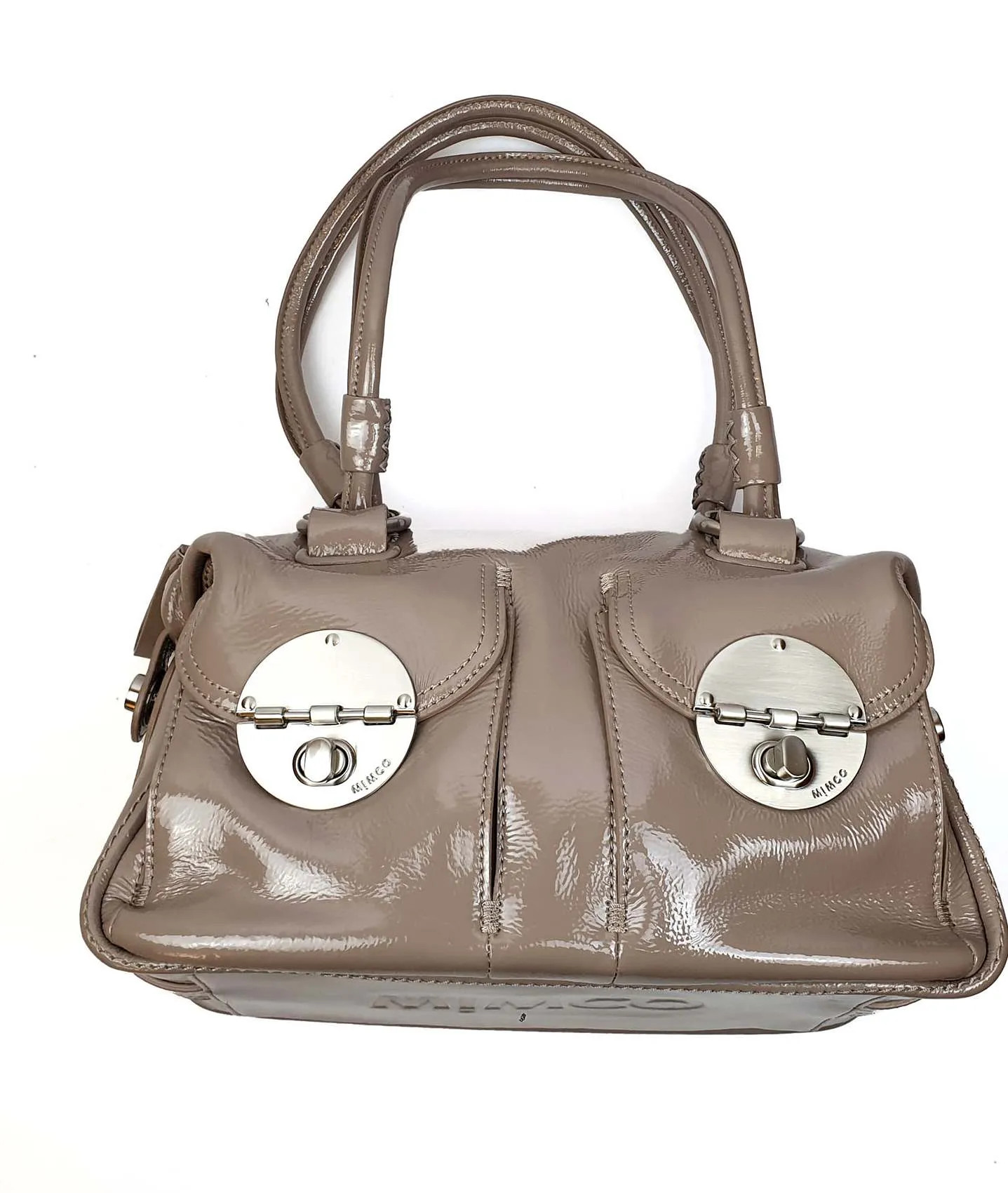 Mimco grey patent leather shoulder bag