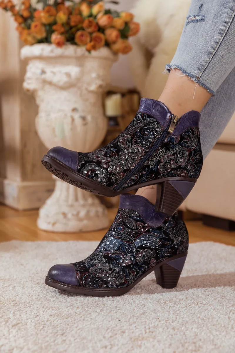 Navy Galaxy Floral Embossed Leather Boot