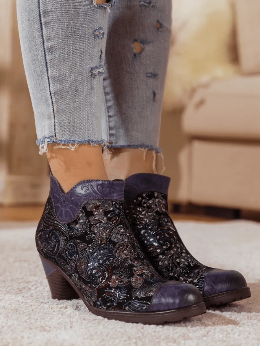 Navy Galaxy Floral Embossed Leather Boot