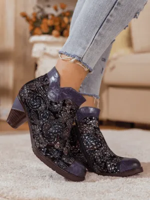 Navy Galaxy Floral Embossed Leather Boot