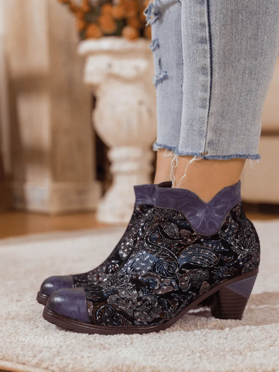 Navy Galaxy Floral Embossed Leather Boot