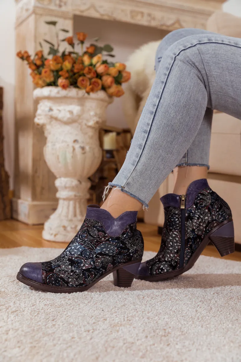 Navy Galaxy Floral Embossed Leather Boot