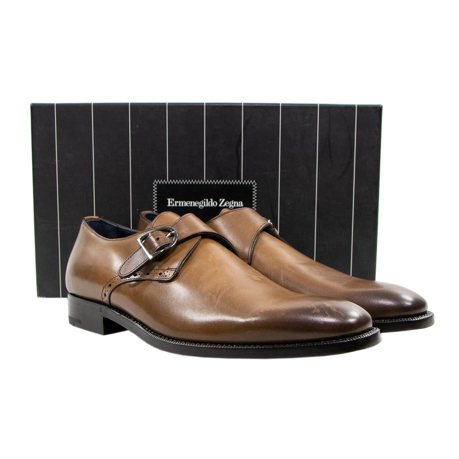 NIB Zegna Brown Burnished Calfskin Leather Brogue Monk Strap Shoes 8.EU/9.5US