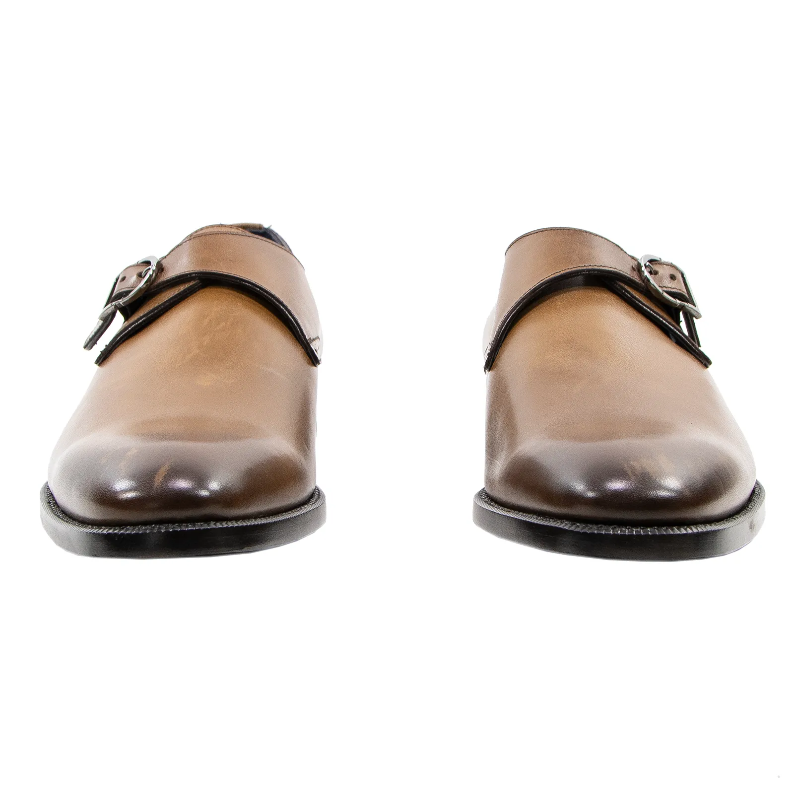 NIB Zegna Brown Burnished Calfskin Leather Brogue Monk Strap Shoes 8.EU/9.5US