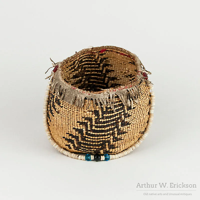 Old Pit River Basket with Leather Fringe