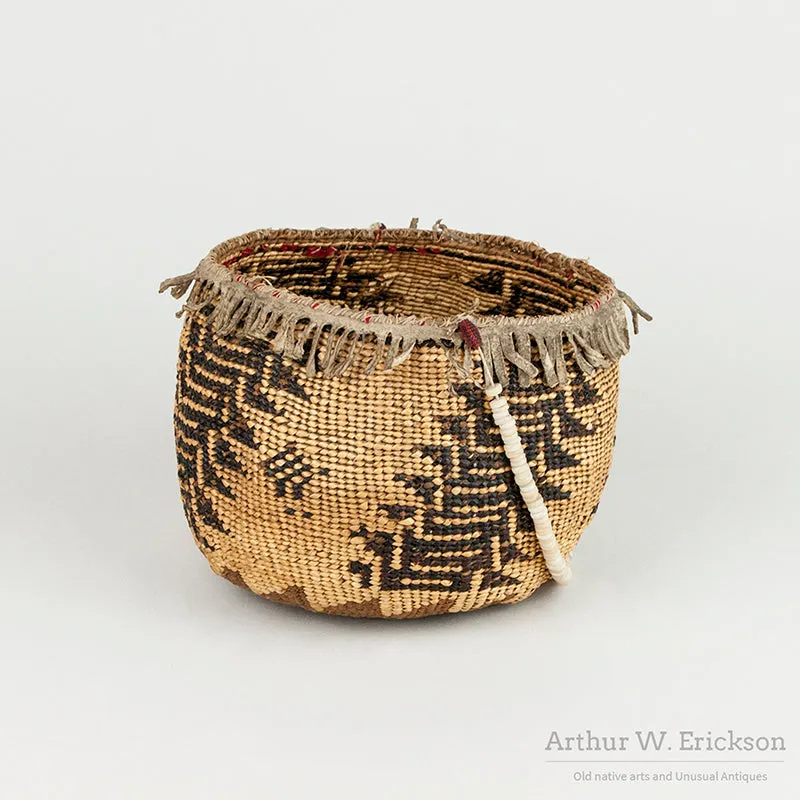 Old Pit River Basket with Leather Fringe