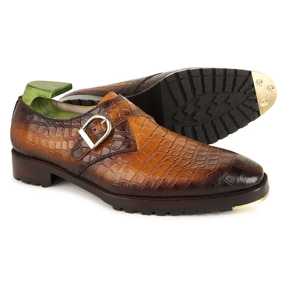 Olive Green Mirror Glossed Patina Single Monk   Commando Sole   Metal Toe