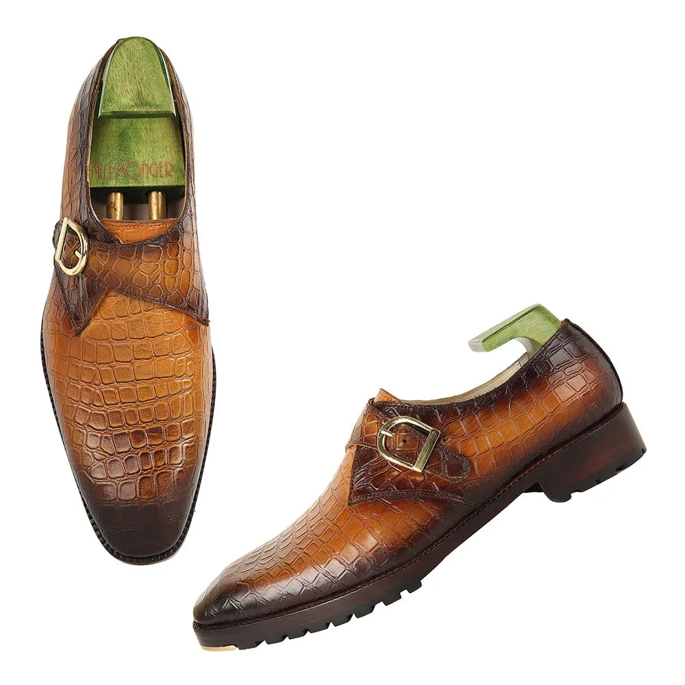 Olive Green Mirror Glossed Patina Single Monk   Commando Sole   Metal Toe