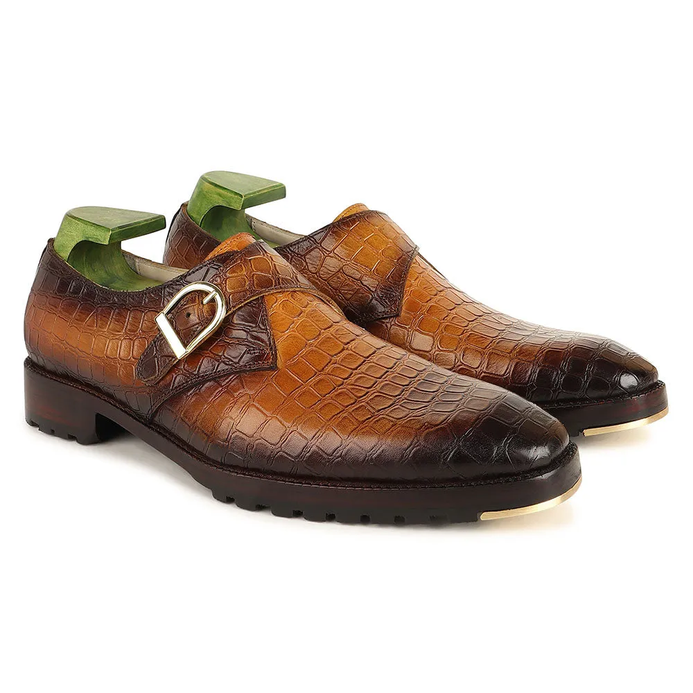Olive Green Mirror Glossed Patina Single Monk   Commando Sole   Metal Toe