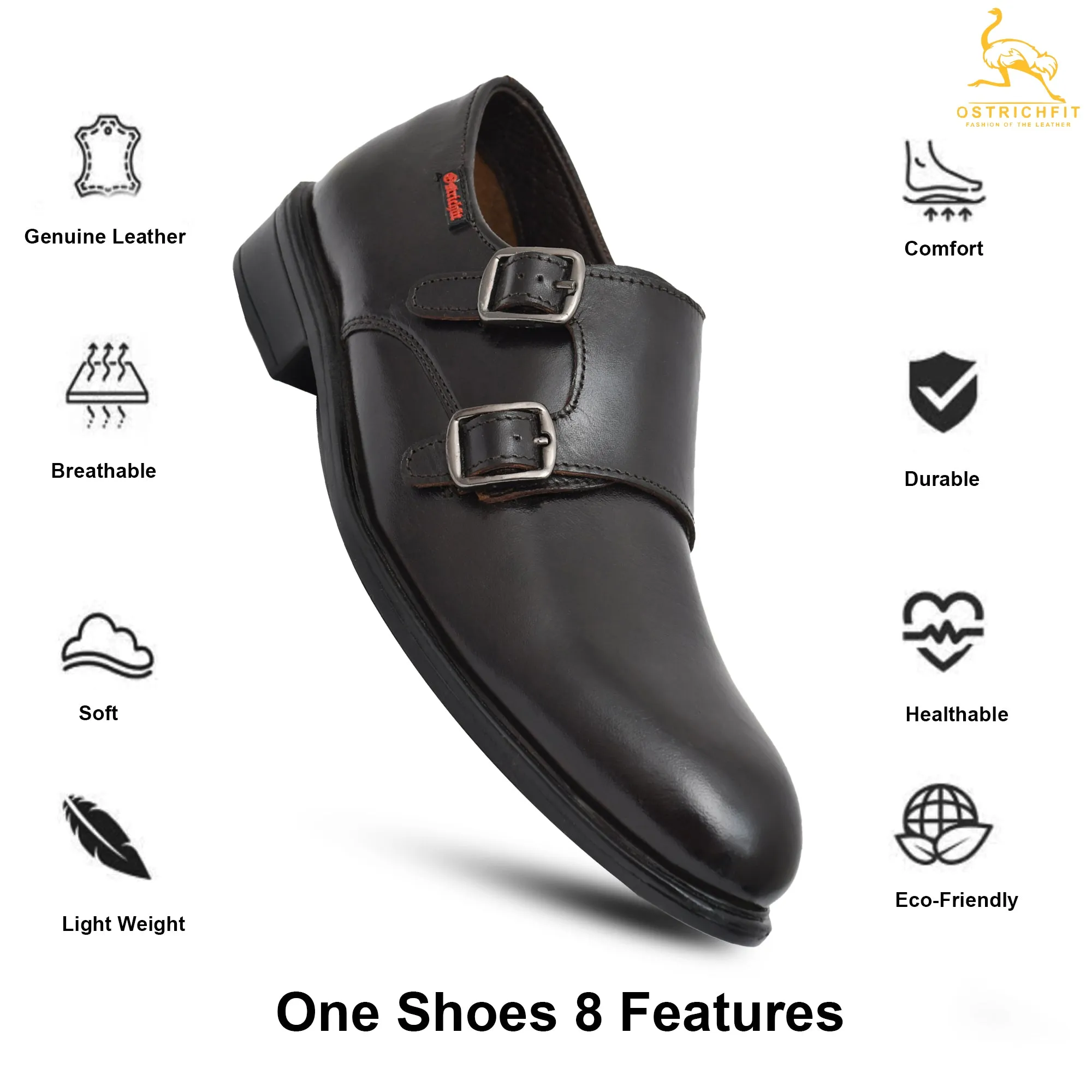 OSTRICHFITR HANDCRAFTED BLACK DOUBLE MONK STRAP FORMAL SHOES LOAFER WITH CAP TOE FOR MEN OF-6528BLK