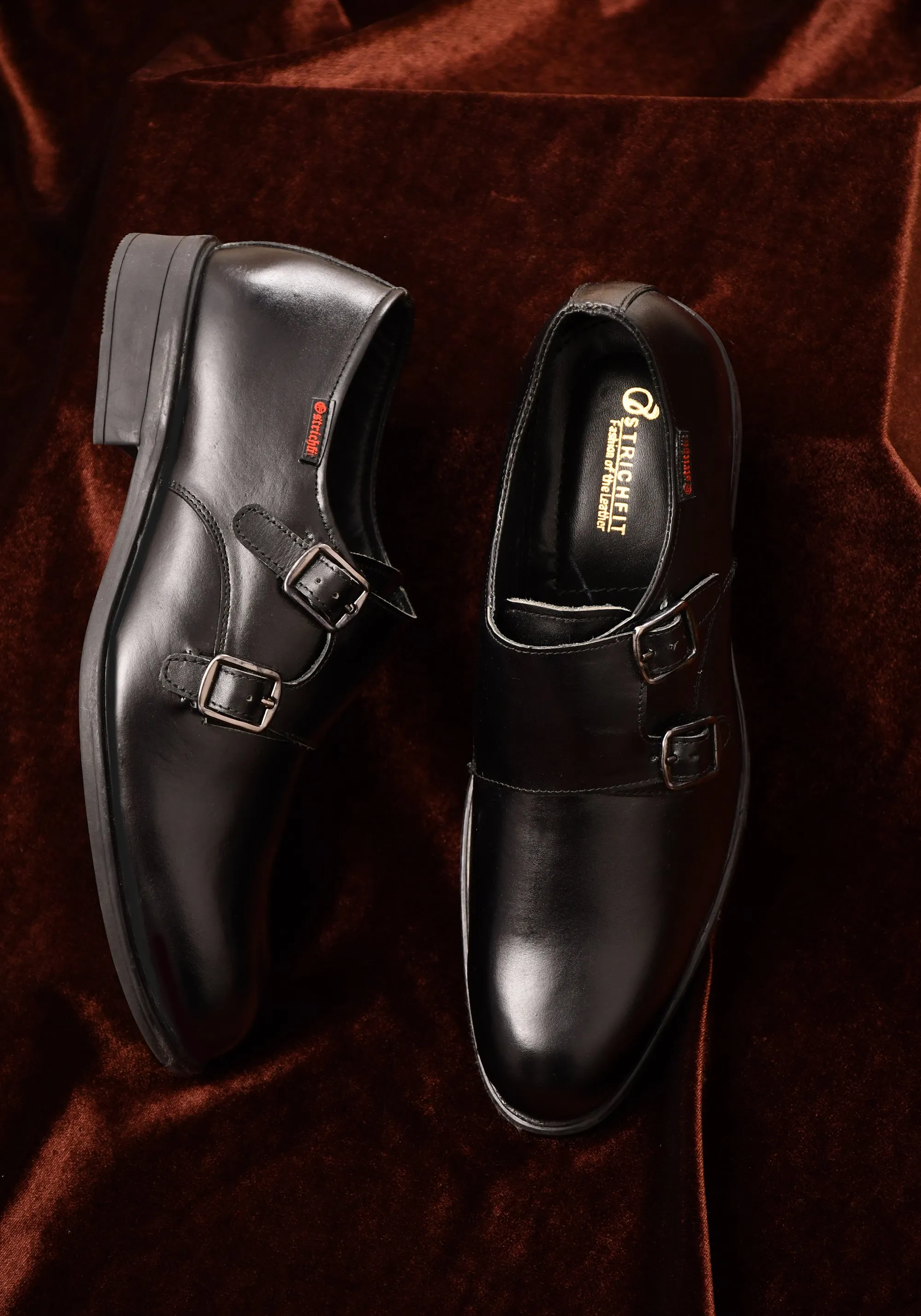 OSTRICHFITR HANDCRAFTED BLACK DOUBLE MONK STRAP FORMAL SHOES LOAFER WITH CAP TOE FOR MEN OF-6528BLK