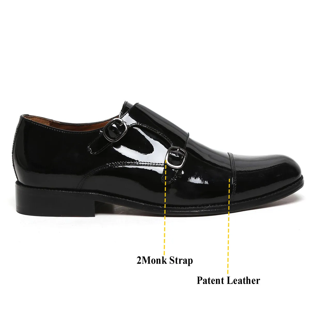 Patent Black Genuine Leather Cap Toe Double Monk Strap Formal Shoes By Brune & Bareskin