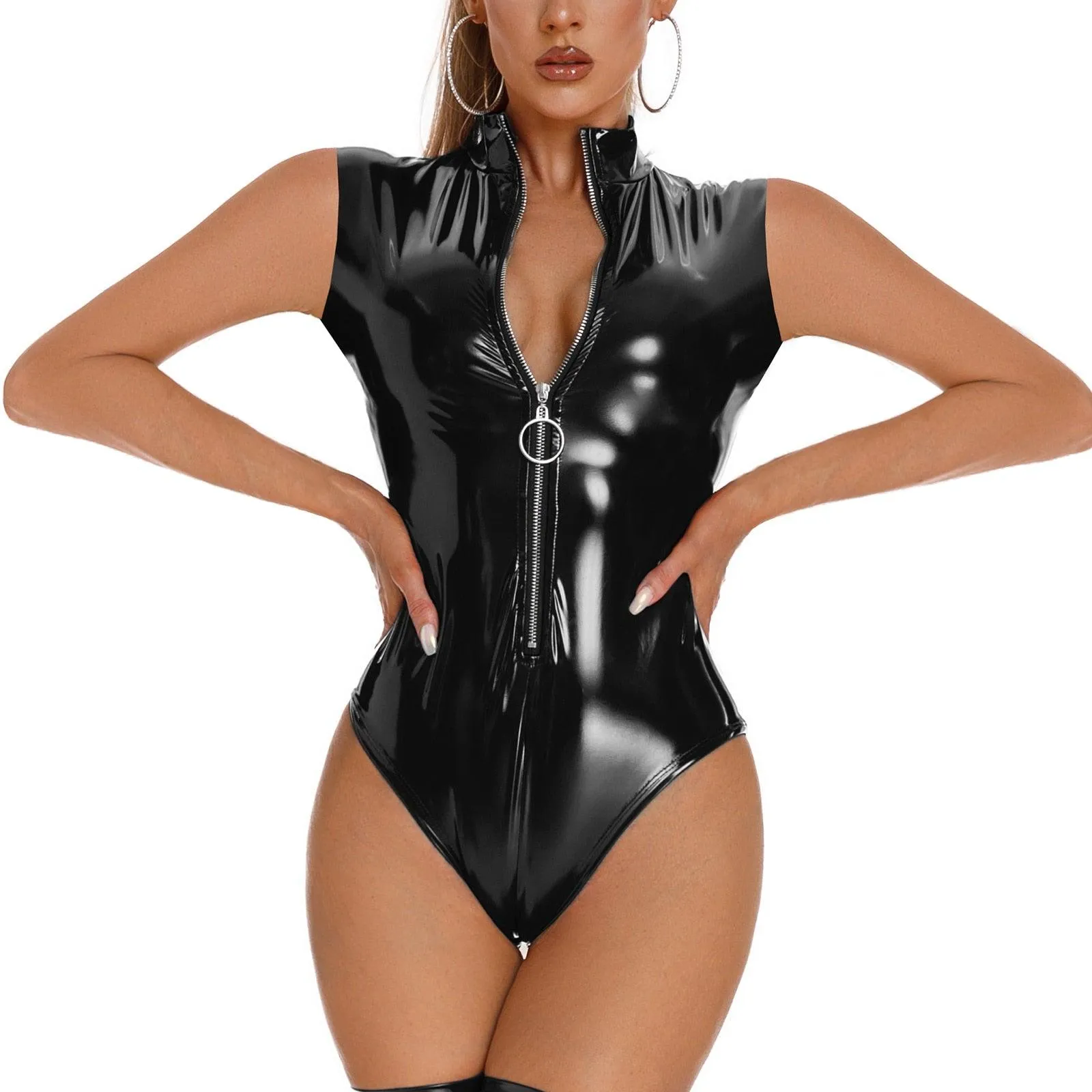 Patent Leather Leotard Wetlook Mock Neck Teddy Bodysuit
