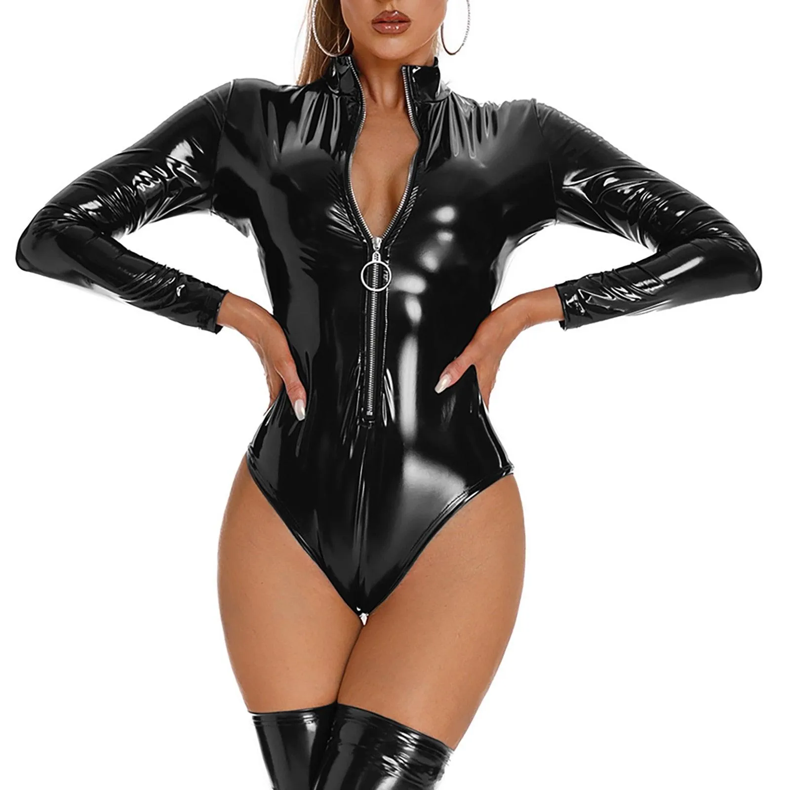 Patent Leather Leotard Wetlook Mock Neck Teddy Bodysuit