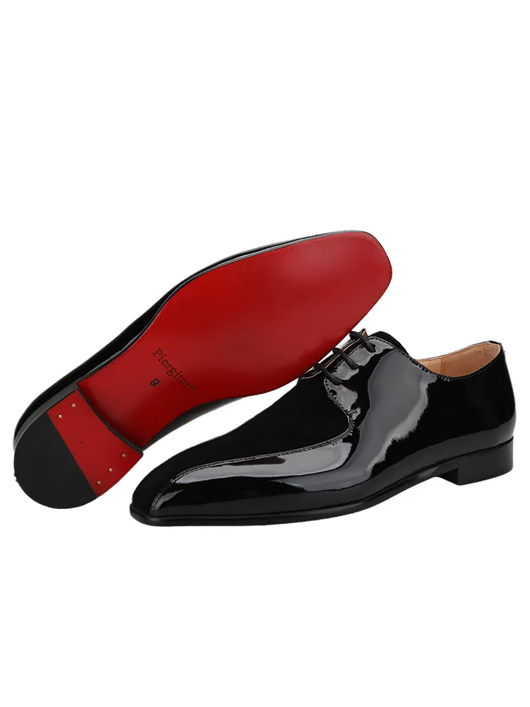 Patent leather stitching suede men's lace-up casual leather shoes European and American style rivets red bottom square toe Oxford shoes for men