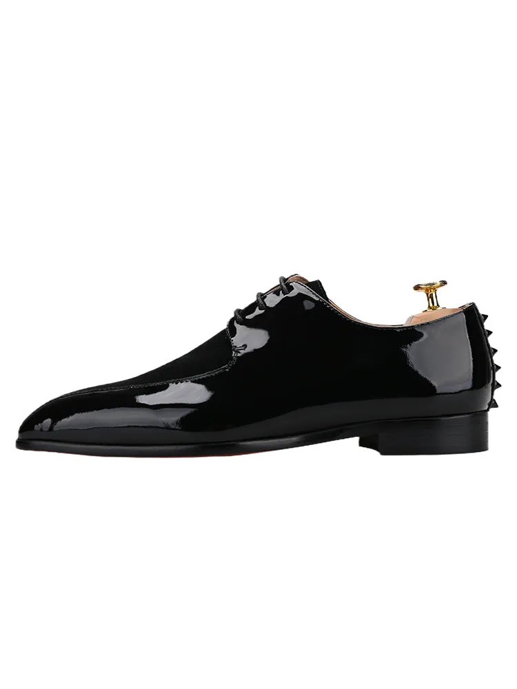 Patent leather stitching suede men's lace-up casual leather shoes European and American style rivets red bottom square toe Oxford shoes for men