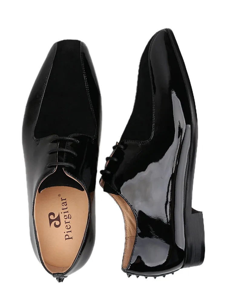 Patent leather stitching suede men's lace-up casual leather shoes European and American style rivets red bottom square toe Oxford shoes for men
