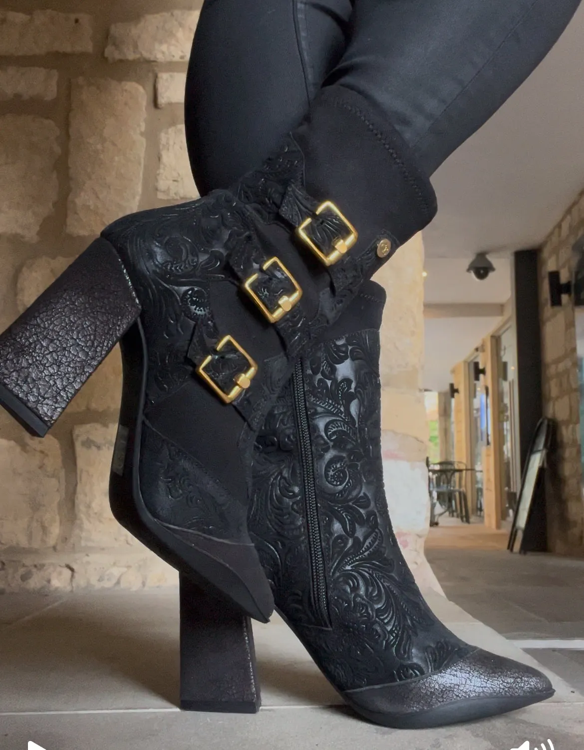 Peron - Black Flower Stretch high heel ankle boot- last pairs 37 and 38