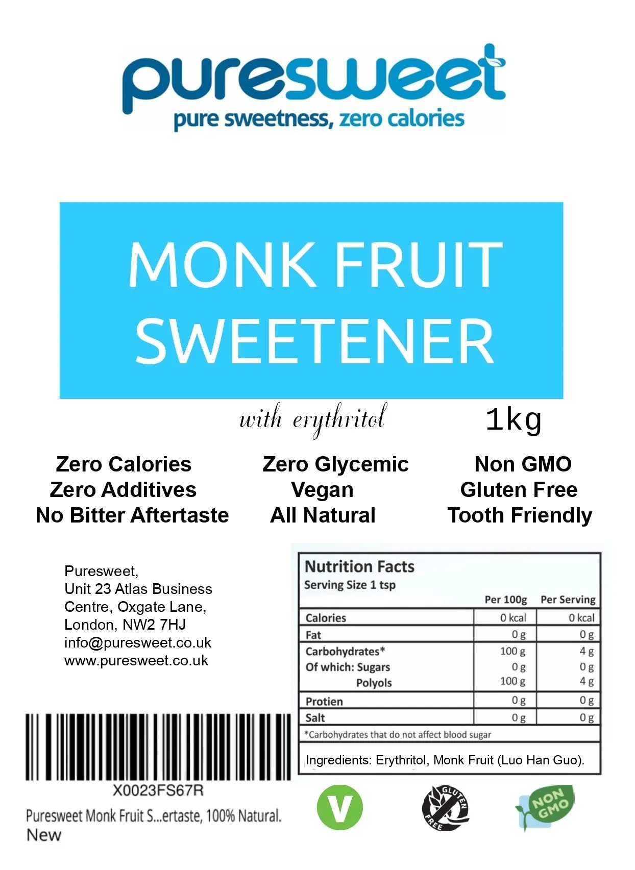 Puresweet Monk Fruit Sweetener Zero Calories 1kg