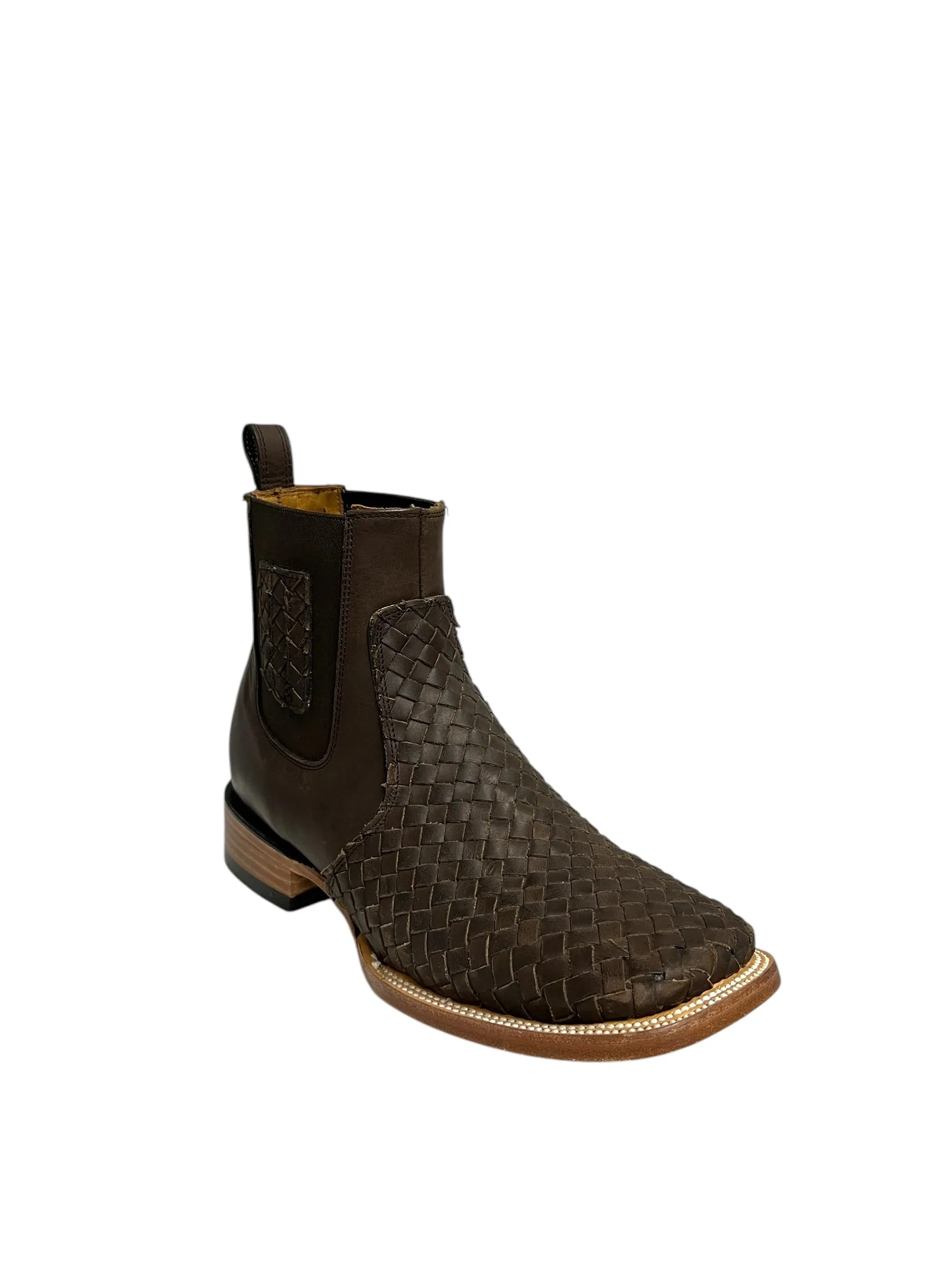 Ranchers Leather Stitched Brown Ankle Boot Square Toe